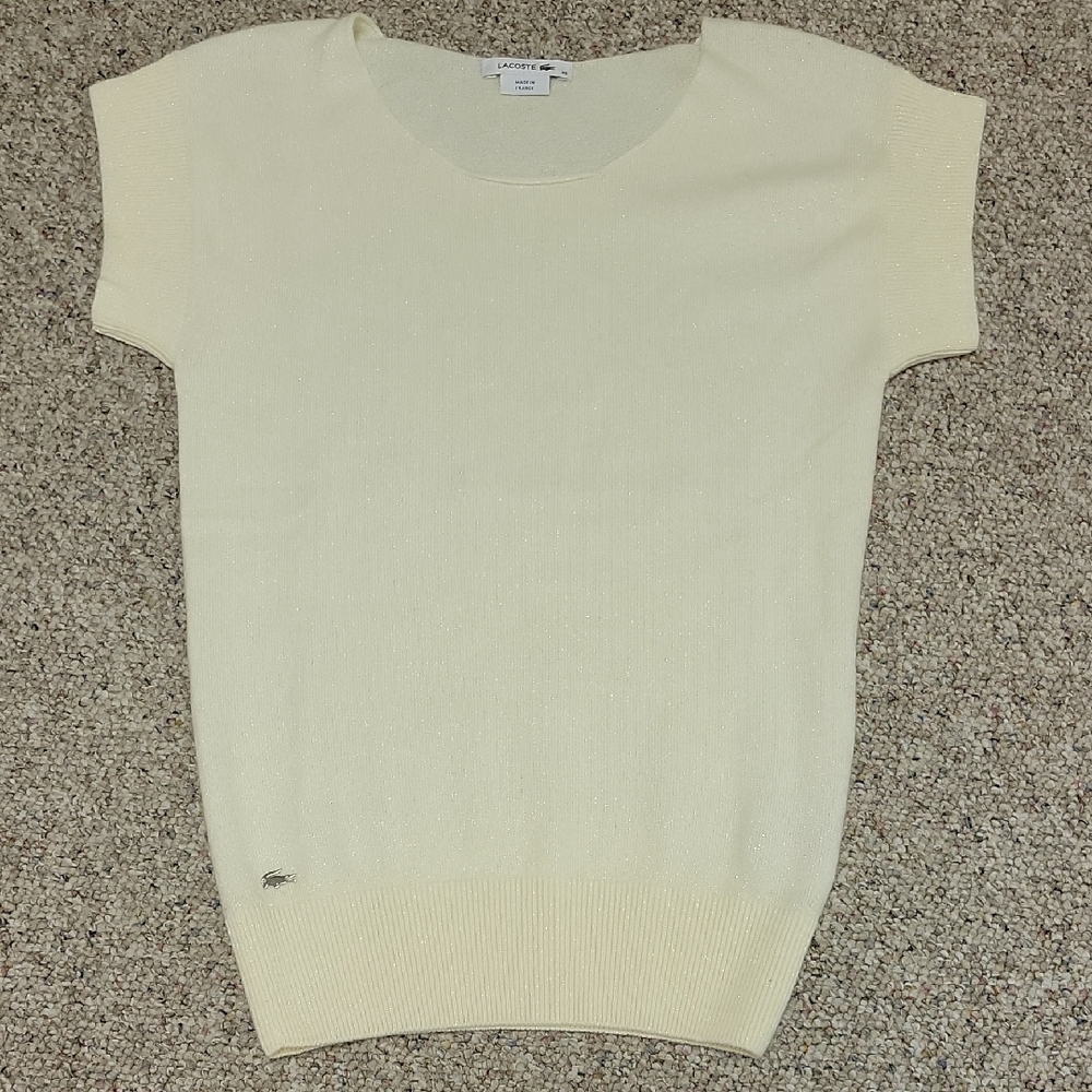 Lacoste Women's Off-White Scoop Neck Sweater, Sz Xsmall, Wool Blend